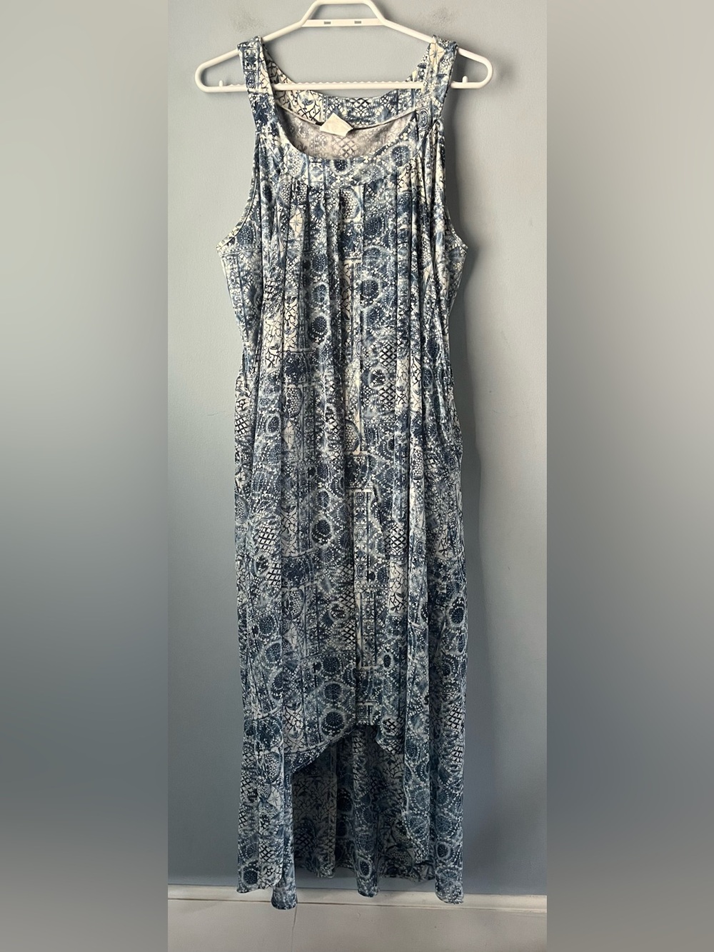 L’Atelier Blue White Pattern Sleeveless Midi Dress Size XL Flowy Made In Canada
